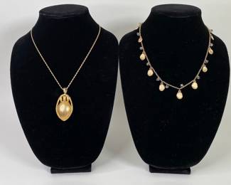 Two Gold Tone Fashion Necklaces, One Pendant, One Charms
