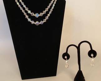 Double Strand Plastic Crystal Bead Collar Necklace With Similarly Styled Drop Earrings
