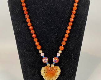 Beaded Necklace With Carved Stone Pendant And Cloisonne Beads

