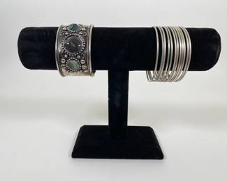Handmade African Silver Tone Stackable Bangles And A Cuff With Inset Stones
