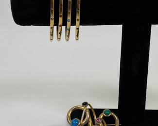 Gold Tone Brooch And Bangles Set With Multi Colored Stones
