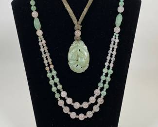 Two Faux Jade Necklaces: A Pendant And A Double Strand Graduated Bead Necklaces
