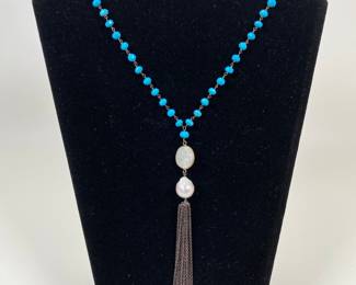 Sterling Silver Turquoise Tassel Pendant Necklace With Faux Crystal And Pearl Beads
