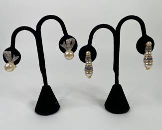 Pair Of Faux Pearl, Silver And Gold Clip On Drop Earrings
