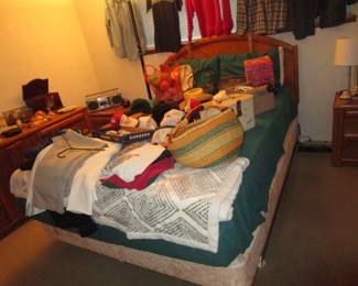 Vintage bags, hats, dresser and double bed