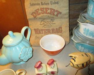 California pottery teapot, Pyrex, shakers...