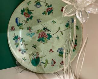 Antique celadon Asian plate one of a pair