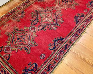 One of the many beautiful rugs. Oushak, first quarter 20th century. 72" x 45" Wool on Wool the field is decorated with three geometric medallions on an open soft red ground patterned with a stylized "bird" motif