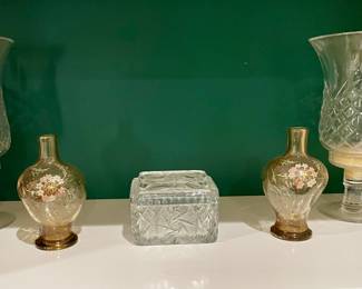 Emile Galle, France.  Amber glass, finely enameled hand painted floral design with leafy stems, ground and polished pontil, signed lower side. Circa mid to late 19th century.  Measurements 6 1/2" H  one of a pair. 