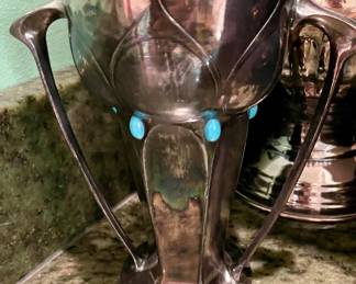 Very interesting pewter and turquoise vase