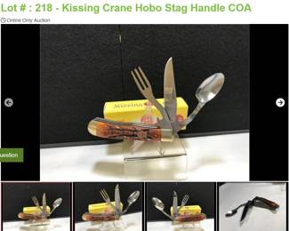 Kissing Crane KC5136 Take-apart Hobo Measures: 4" closed Blades: Spoon, Fork, Knife Badge: Shield with Pair of Kissing Cranes Box: Original.