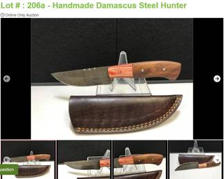 Measures: 8" overall Guard & Pommel: none Blades: fixed single Handle: 2 colors of wood Box: none and custom sheath. Handmade Damascus Steel knives by TJ Bergeron. The knives are made from several layers of 1095 and 15N20 steel folded multiple times creating between 288 and 512 layers to form beautifully unique patterns. Handles are custom fit to each knife.