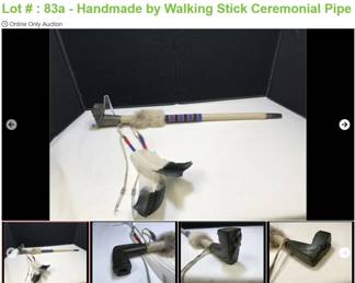 Handmade by Sammy Walking Stick using white leather, animal hide and beaded design with a carved lizard on a stone bowl of pipe measures 21" long.