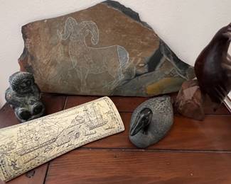 The Whaler of Tahiti resin scrimshaw, etched slate and carved figurines from Canada