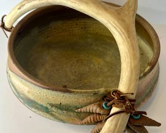 Hand made pottery bowl with antler