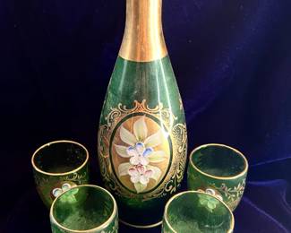 Murano green glass decanter and glasses