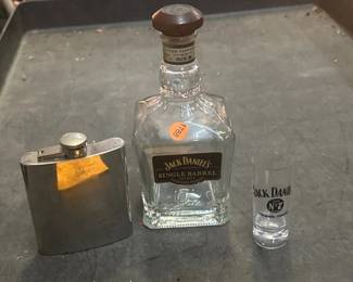 FLASK , JACK DANIELS BOTTLE, SHOT GLASS