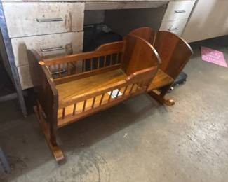 VINTAGE WOODEN DOLL CRADLE WITH SEAT