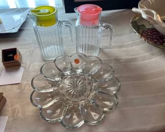 2 GLASS JUICE CONTAINERS EGG PLATE