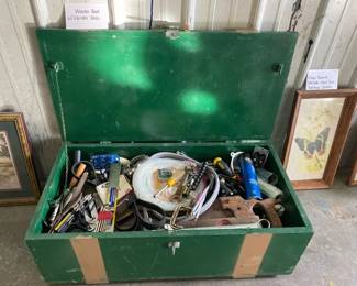WOODEN TRUNK FULL OF VARIOUS TOOLS