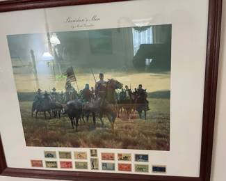Civil War commemorative frame print of "Sheridan's Men" by Mort Kunster with all original US stamps with historic events.