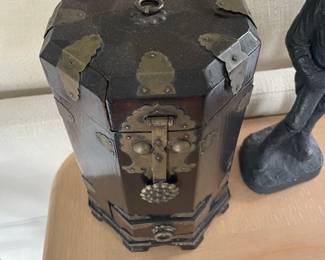 Antique Chinese brass & wood hexagonal tea caddy.