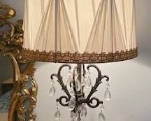 Pair of MCM lead glass hanging prism chandelier-like table lamps.