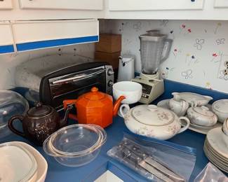 Kitchen items and china set.