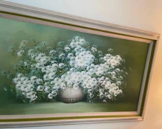 Nancy Lee oil painting - white flowers on green and yellow background.