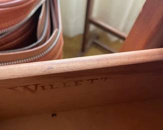 Willett eight-drawer low boy teak dresser with mirror.