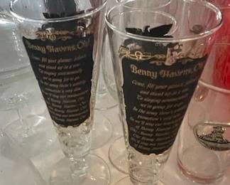 Pair of USMA West Point - Benny Havens Oh! - black gold pilsner beer glasses.