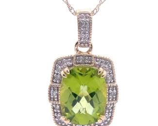 Oval Peridot & Diamond Rustic Halo Drop Pendant Necklace in Yellow Gold