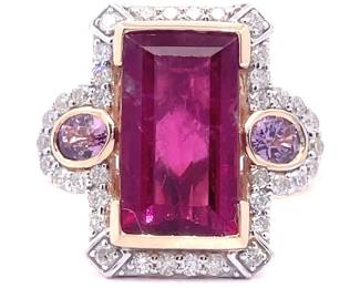 4.99 Carat Natural Rubellite Tourmaline, Pink Sapphire & Natural Diamond Art Deco Ring in 14k Two-Tone Gold