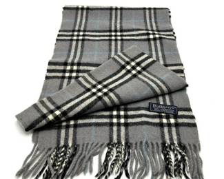 Burberrys’ Gray & Light Blue Check Lambswool Scarf - Authentic