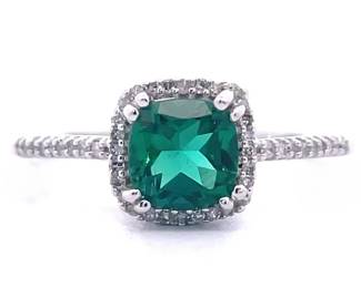 Emerald & Diamond Pavé Halo Filigree Basket Ring in White Gold