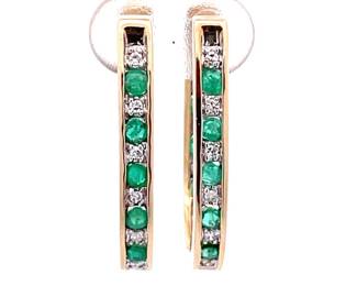 Emerald & Diamond Inside-Out Oblong Hoop Earrings in Yellow Gold