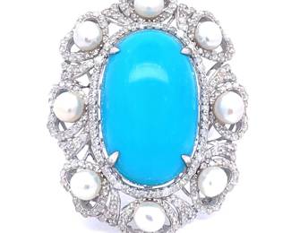 Natural Turquoise, South Sea Pearl & Natural Diamond Ring in 14k White Gold