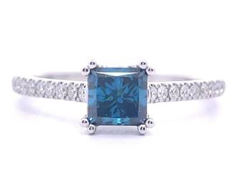 1.20 Carat Princess Cut Fancy Blue & White Diamond Ring in 14k White Gold