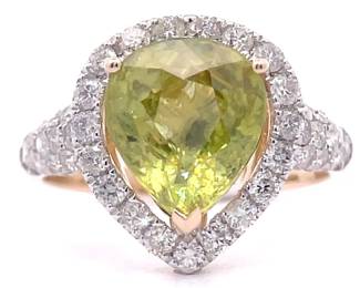 4.60 Carat Yellow Sphene & Natural Diamond Pavé Halo Ring in 14k Yellow Gold