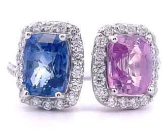 4.80 Carat Blue & Pink Sapphire, Natural Diamond Halo Toi et Moi Ring in Platinum
