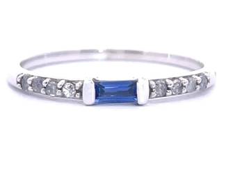 Blue Sapphire Baguette & Round Diamond Slim Stacking Ring in White Gold