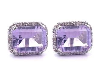 Emerald Cut Amethyst & Diamond Halo Stud Earrings in White Gold