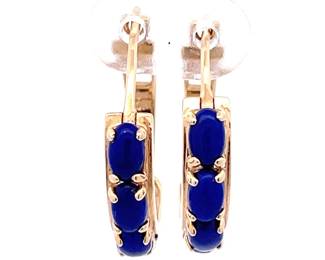 Oval Lapis Lazuli Round Hoop Earrings in 14k Yellow Gold