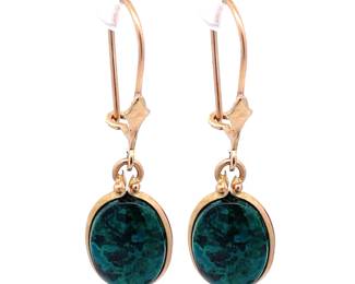 Malachite Bezel Drop Artisan Dangle Wire Earrings in 14k Yellow Gold
