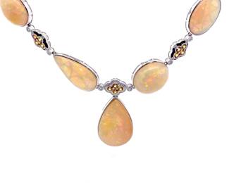 STUNNING! NEW! Designer Oscar Friedman White Opal & Natural Diamond Necklace in Platinum