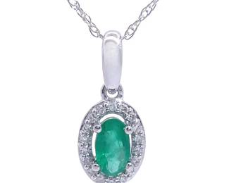 Oval Emerald & Pavé Diamond Halo Drop Pendant Necklace in White Gold