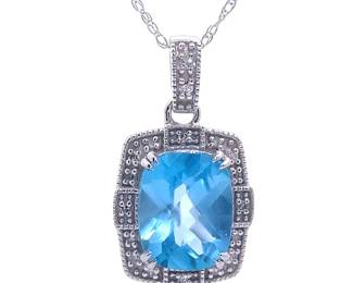 Oval Blue Topaz & Diamond Art Deco Drop Pendant Necklace in White Gold