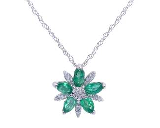 Marquise Emerald & Diamond Flower Cluster Pendant Necklace in White Gold