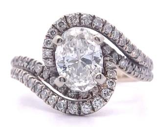 1.68 Carat Oval Diamond Double Halo Swirl Ring in 14k White Gold