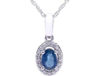 Oval Blue Sapphire & Pavé Diamond Halo Drop Pendant Necklace in White Gold